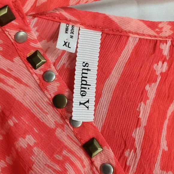 Studio Y Women’s XL Coral Pink Long Sleeve Sheer Blouse Studded Boho Print - Picture 5 of 7